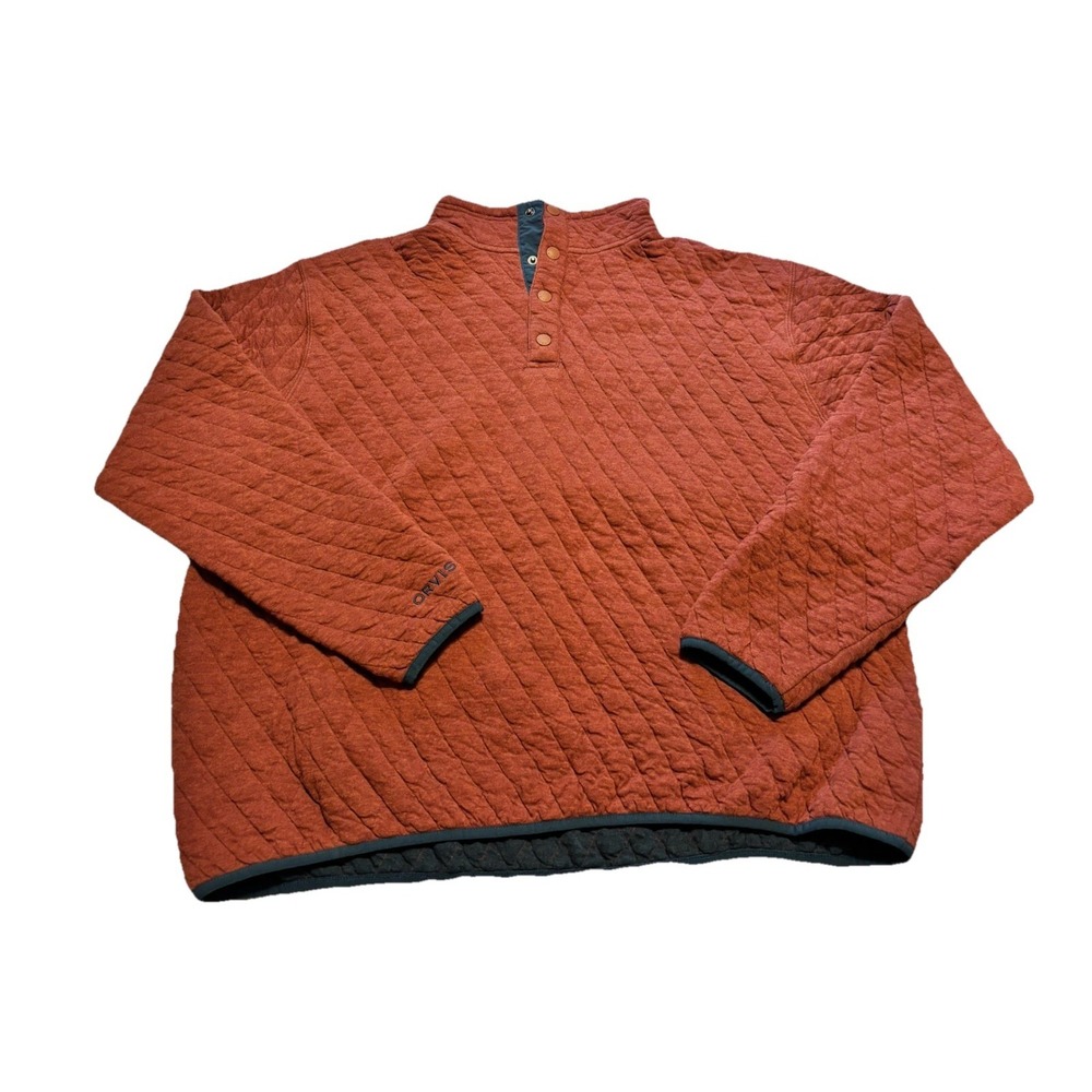 Orvis Quilted Sweatshirt Mens Rust Orange 1/4 Snap Pullover Outdoor XL Warm